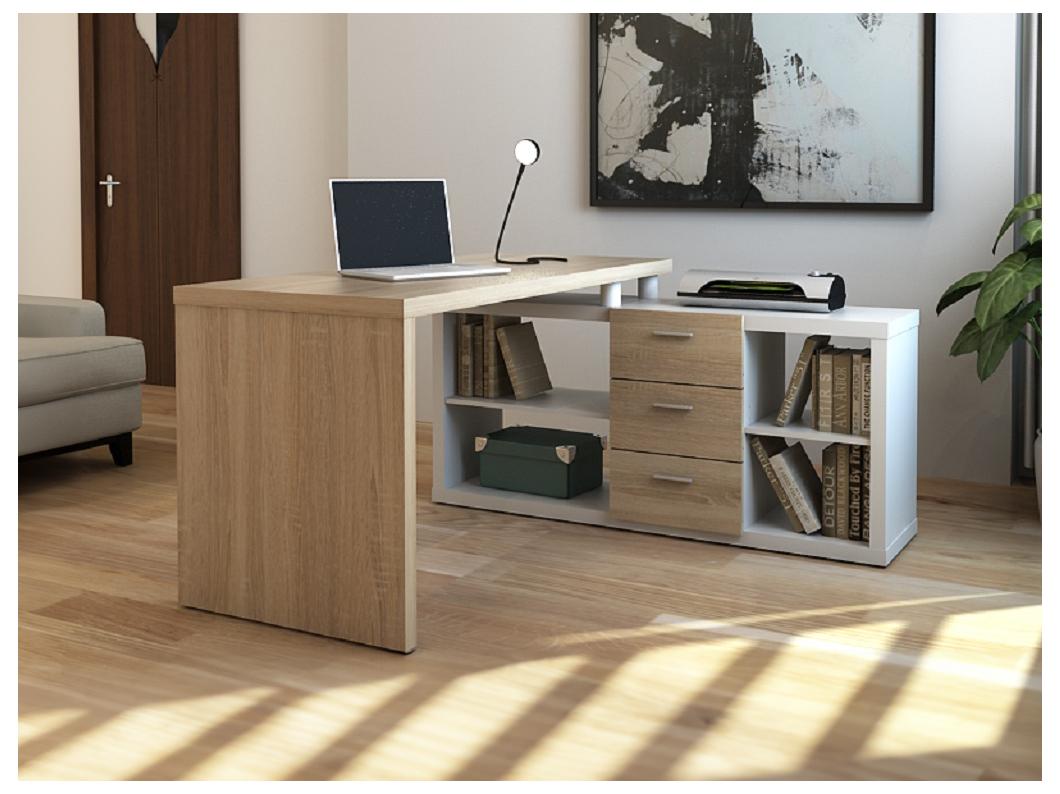 Bureau d'angle avec rangements ALDRIC III - Blanc & Chêne