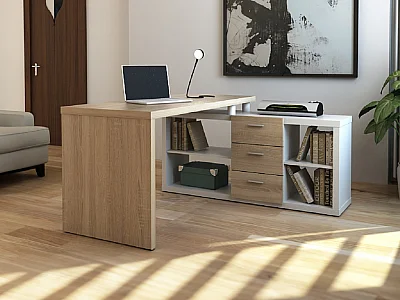 Bureau d'angle avec rangements ALDRIC III - Blanc & Chêne