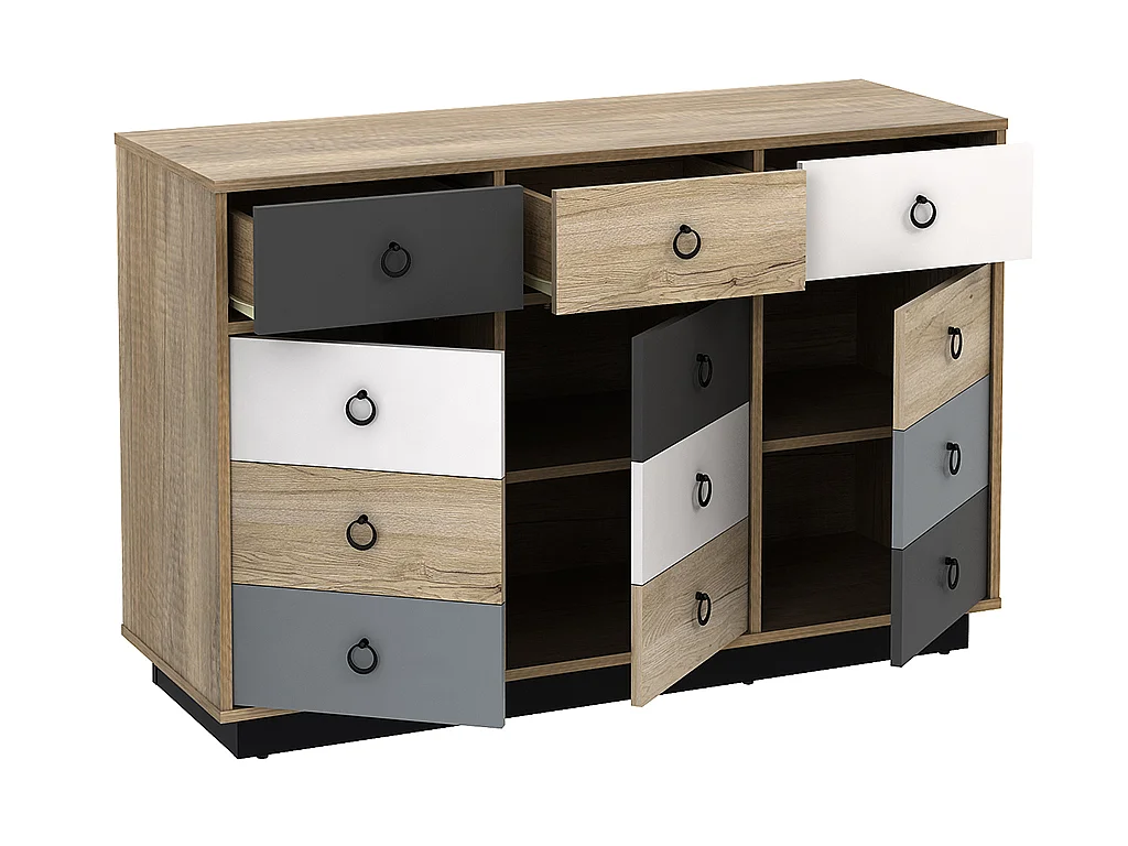 Commode KRYPTON - 3 tiroirs et 3 portes - Coloris : chêne, blanc et gris