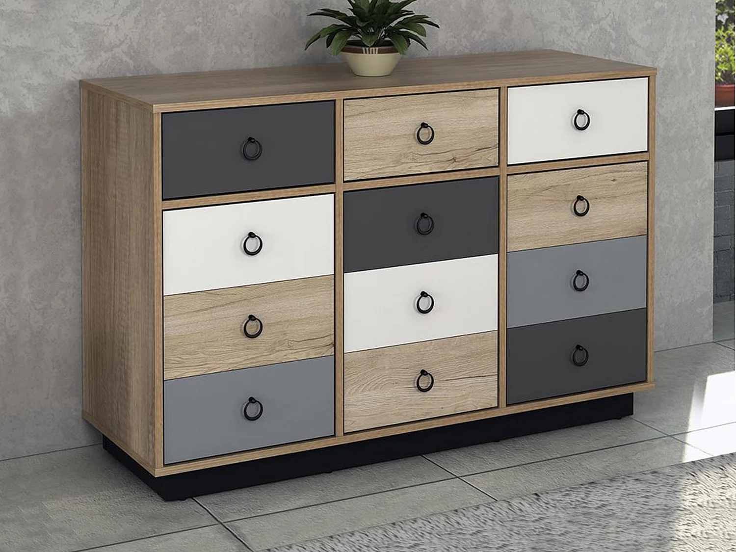 Commode KRYPTON - 3 tiroirs et 3 portes - Coloris : chêne, blanc et gris