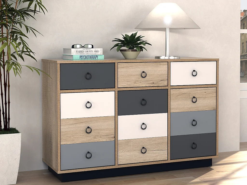 Commode KRYPTON - 3 tiroirs et 3 portes - Coloris : chêne, blanc et gris