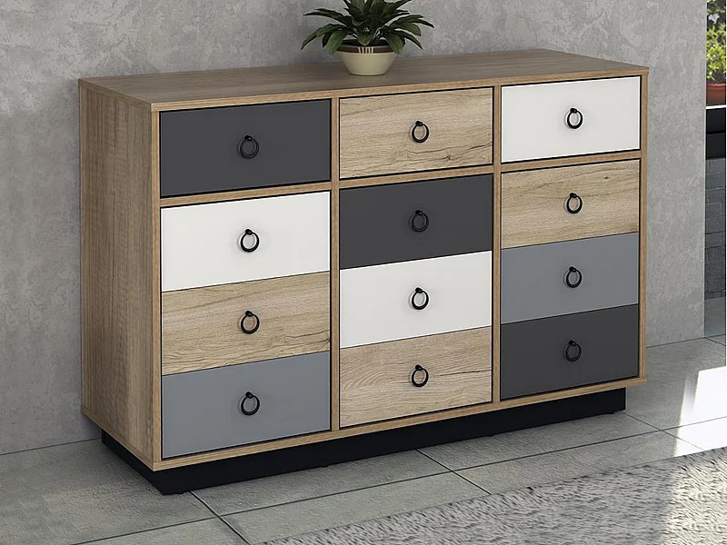 Comò KRYPTON - 3 cassetti e 3 ante - Colore: quercia, bianco e grigio