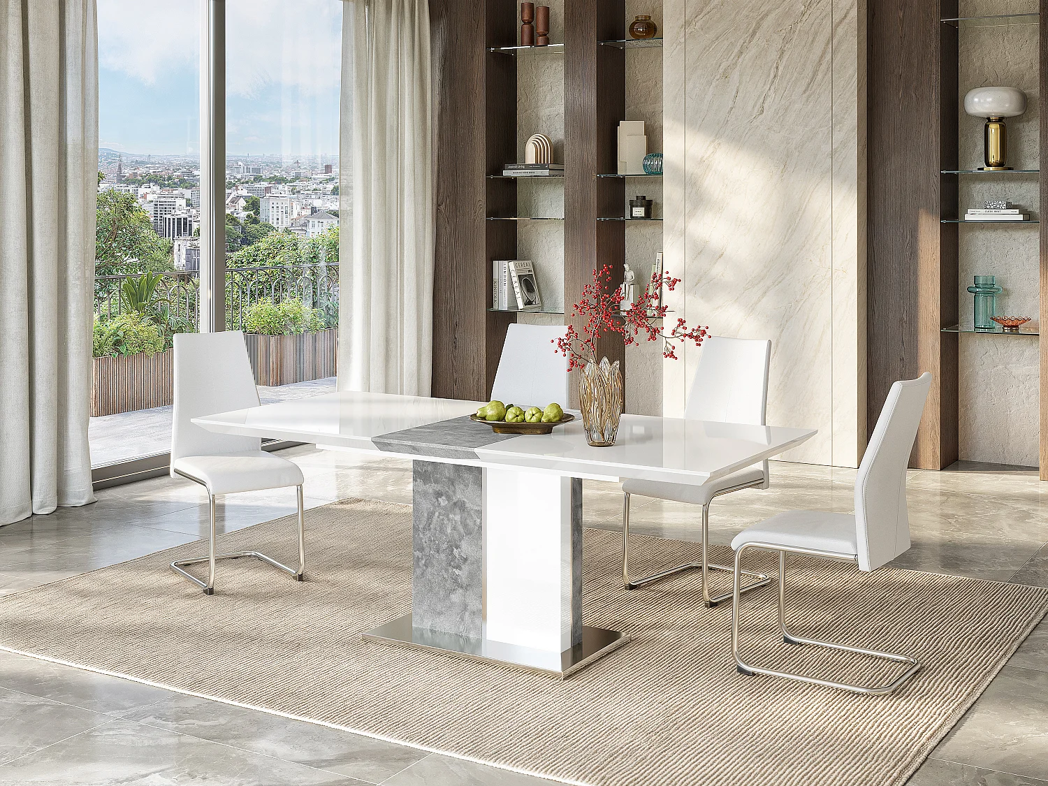 Table à manger extensible - 6 à 8 personnes - MDF - Coloris : Blanc laqué et béton - EREN