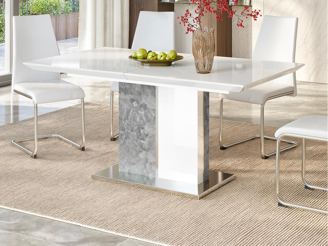 Table à manger extensible - 6 à 8 personnes - MDF - Coloris : Blanc laqué et béton - EREN