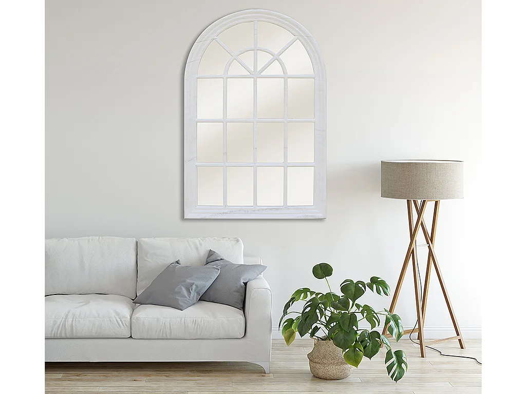 Miroir fenêtre en bois de paulownia - L. 80 x H. 120 cm - Blanc effet vieilli - MONTESQUIEU