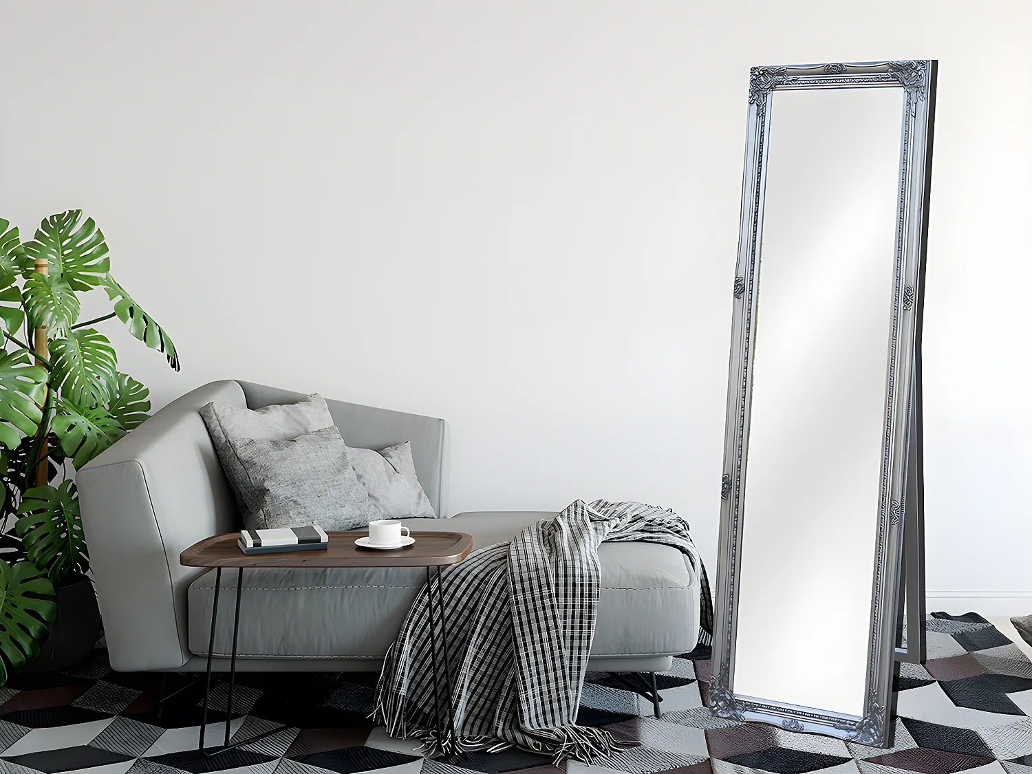 Lustro na nodze z listwami ELVIRE - drewno eukaliptusowe - 50 x 170 cm - Srebrne