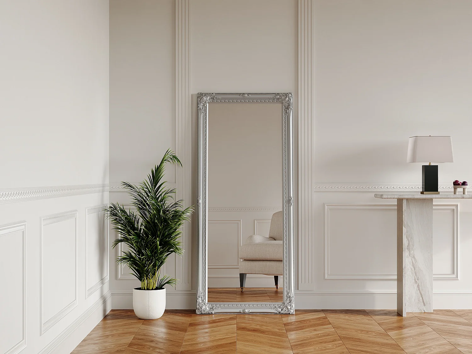 Miroir en bois d'eucalyptus avec moulures - L. 60 x H. 140 cm - Argenté - ELVIRE