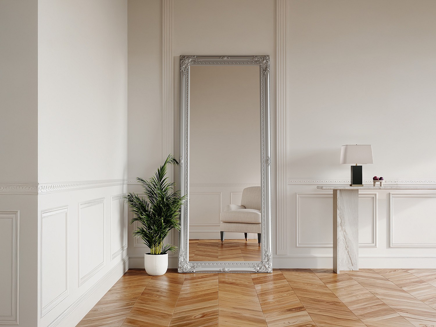 Großer Spiegel mit Stuck ELVIRE - Eukalyptusholz - 80x190 cm - Silberfarben günstig online kaufen