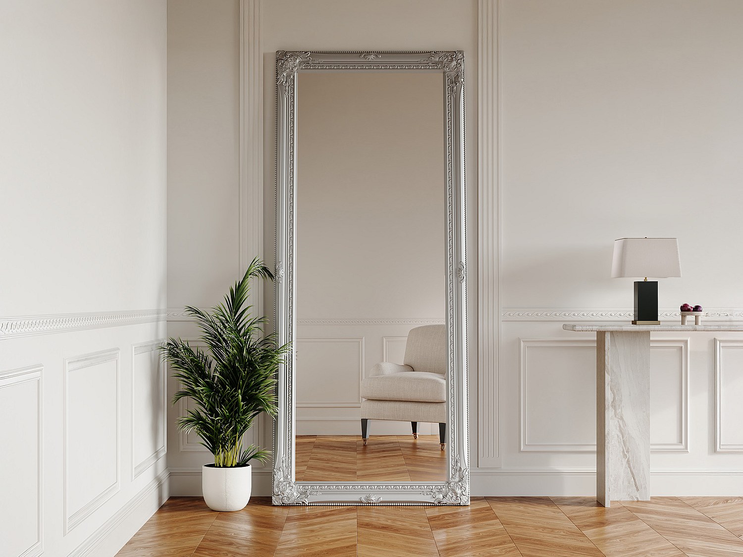 Spegel med ornamentram i silver eukalyptusträ  80 × 190 cm ELVIRE