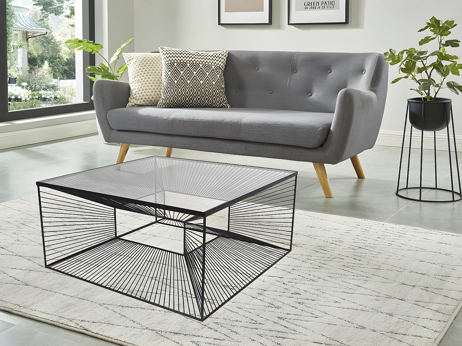 Table basse CLARENCE - Verre et Métal filaire - Noir