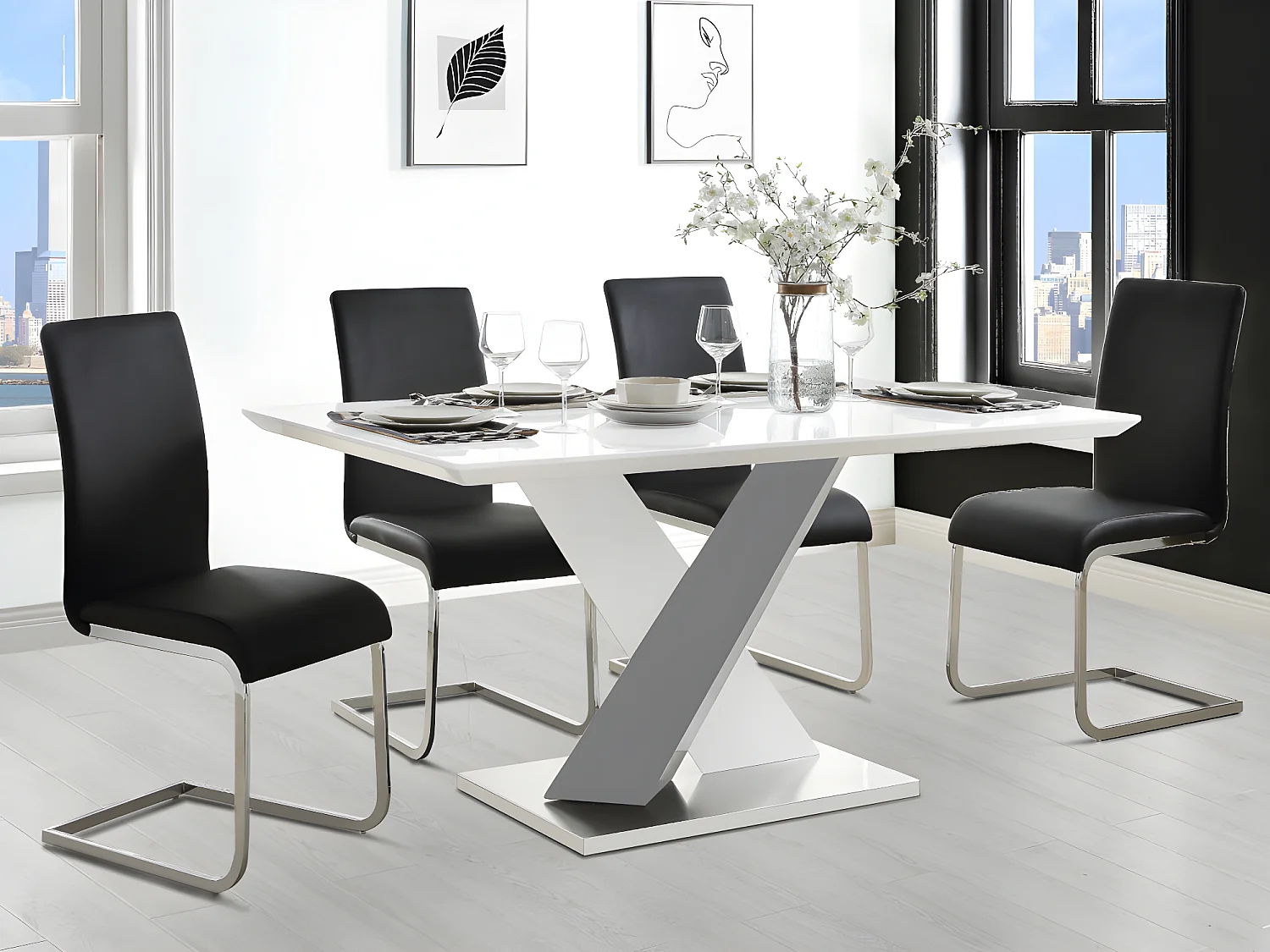 Table à manger SALVA - 6 personnes - MDF laqué - Blanc et anthracite
