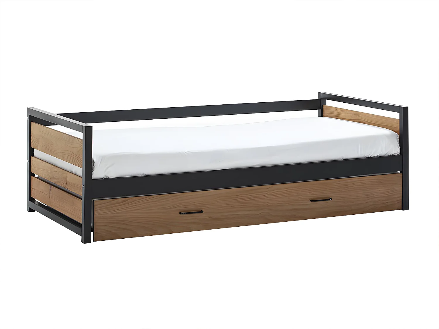 Lit gigogne industriel BOSTON - 2 x 90 x 190 cm - MDF, Pin et métal - Coloris : Noyer et anthracite