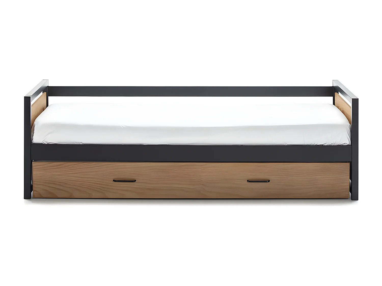 Lit gigogne industriel BOSTON - 2 x 90 x 190 cm - MDF, Pin et métal - Coloris : Noyer et anthracite