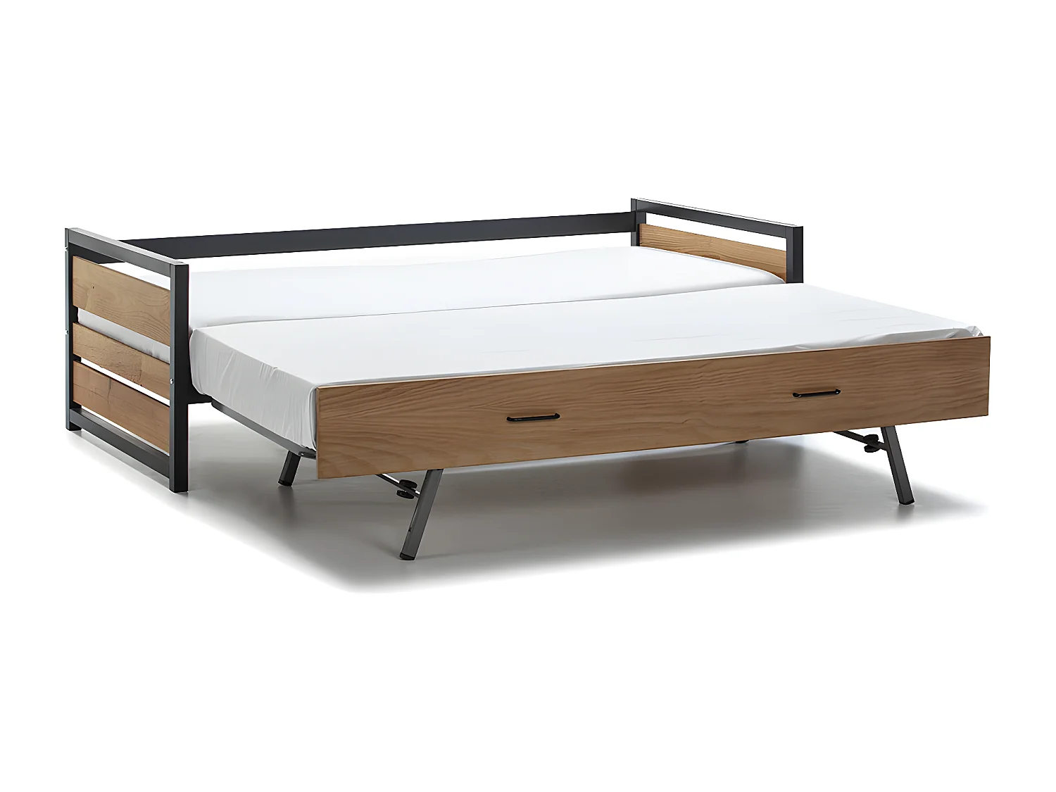 Lit gigogne industriel BOSTON - 2 x 90 x 190 cm - MDF, Pin et métal - Coloris : Noyer et anthracite