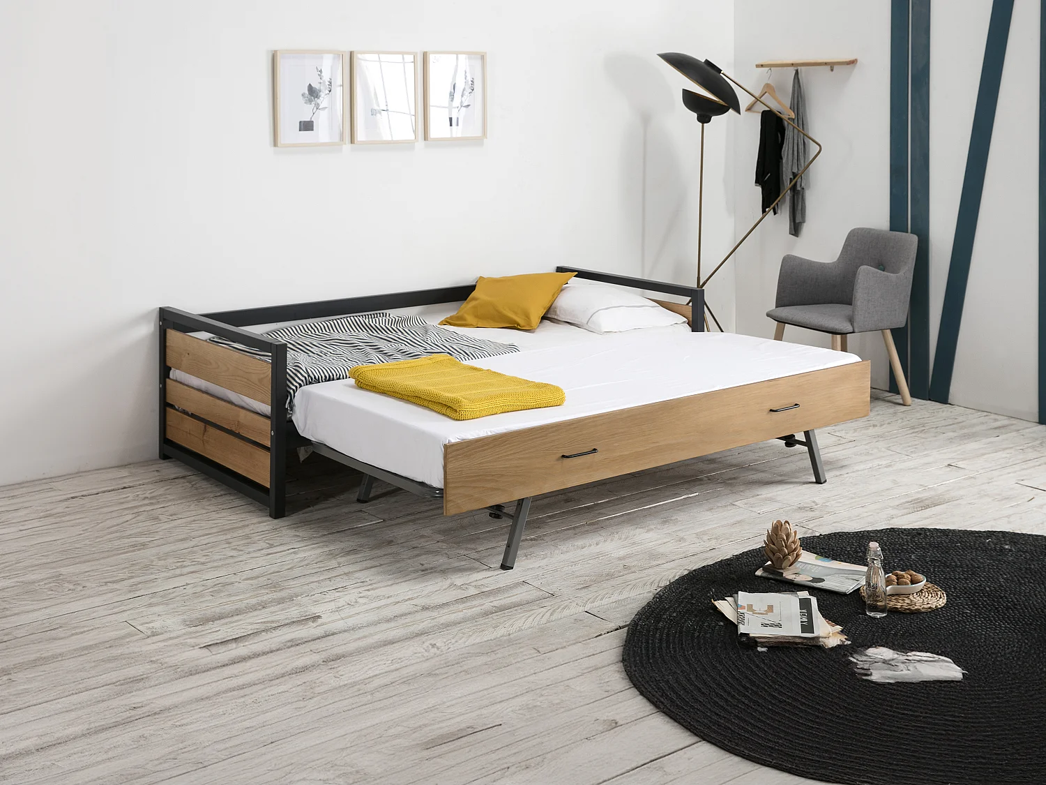 Lit gigogne industriel BOSTON - 2 x 90 x 190 cm - MDF, Pin et métal - Coloris : Noyer et anthracite
