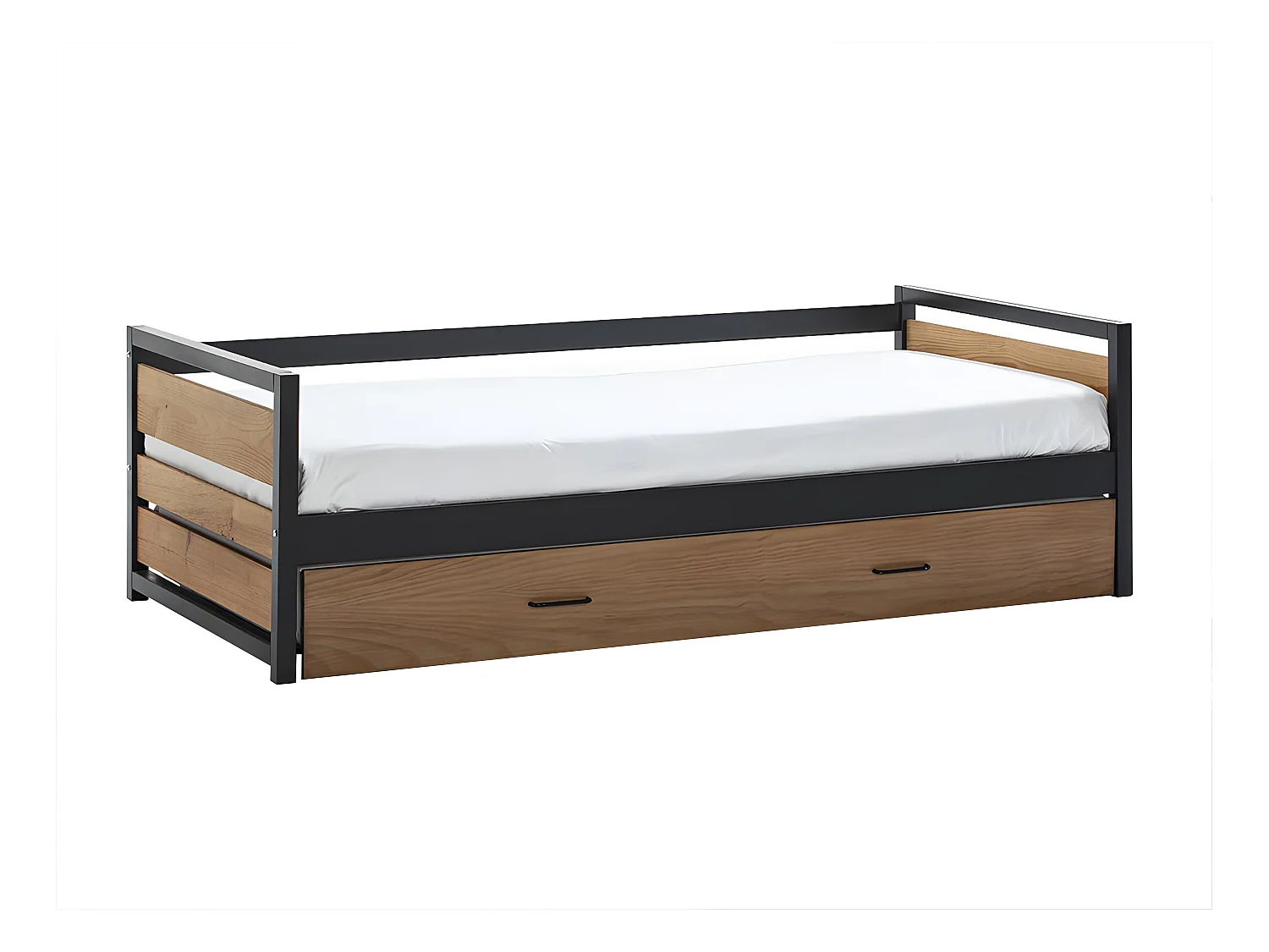Lit gigogne industriel BOSTON - 2 x 90 x 190 cm - MDF, Pin et métal - Coloris : Noyer et anthracite