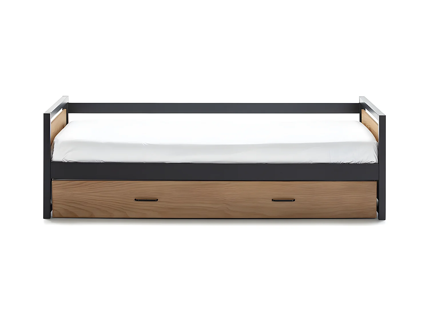 Lit gigogne industriel BOSTON - 2 x 90 x 190 cm - MDF, Pin et métal - Coloris : Noyer et anthracite