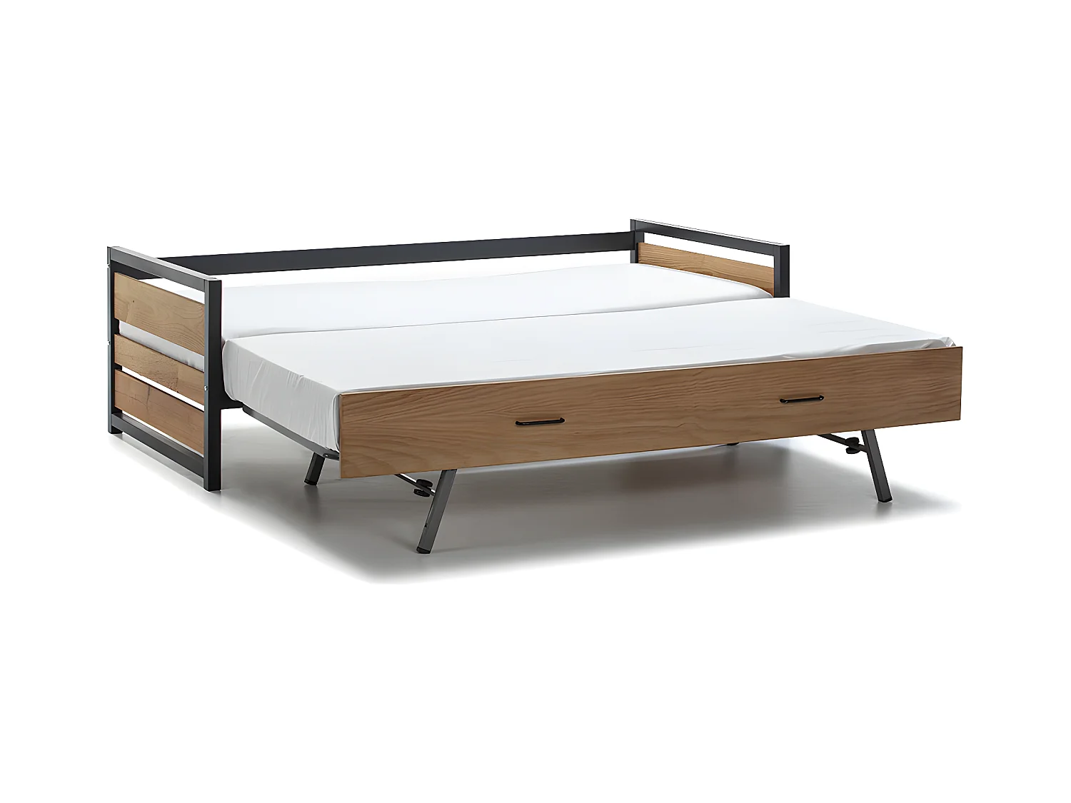 Lit gigogne industriel BOSTON - 2 x 90 x 190 cm - MDF, Pin et métal - Coloris : Noyer et anthracite