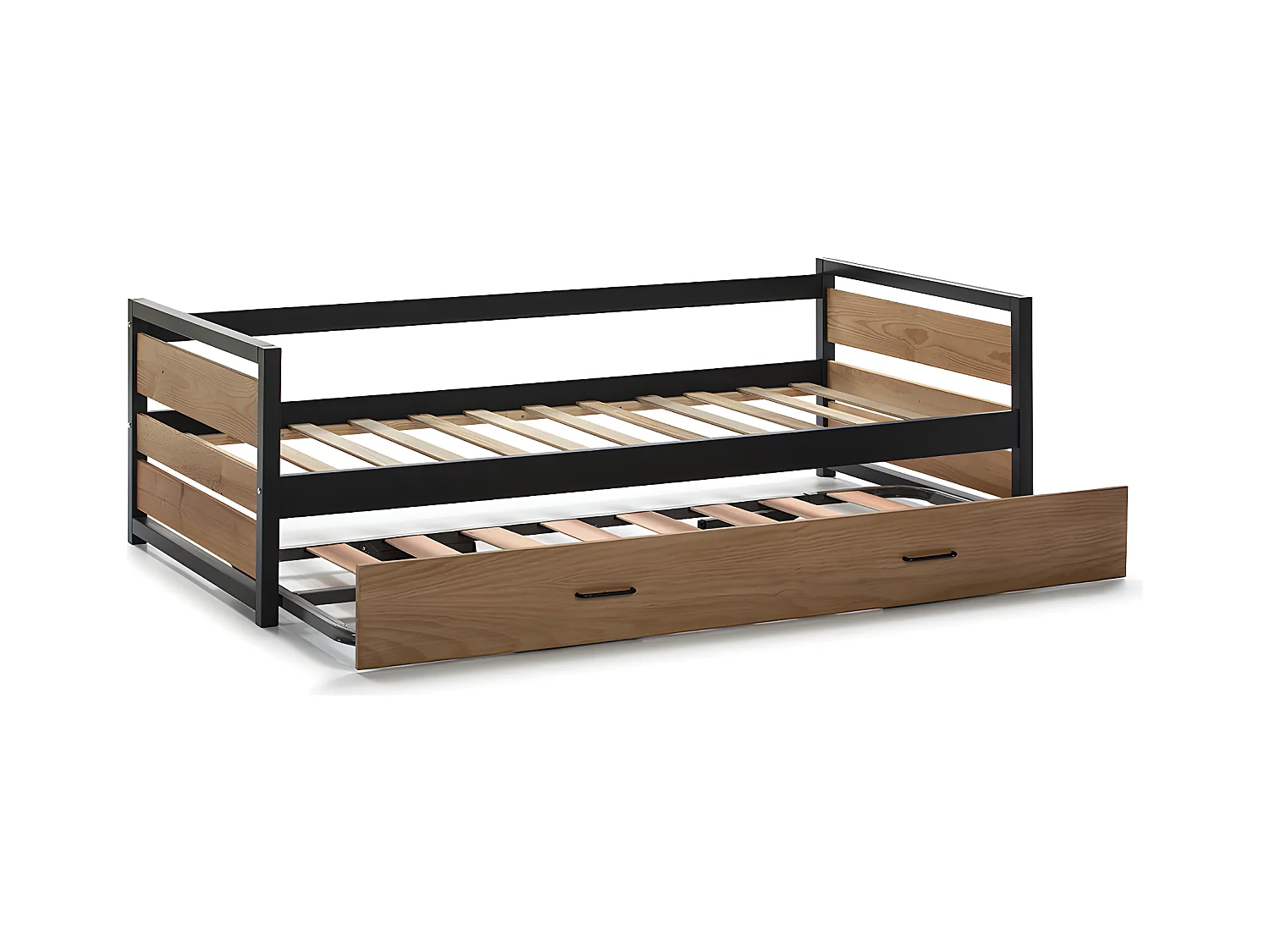 Lit gigogne industriel BOSTON - 2 x 90 x 190 cm - MDF, Pin et métal - Coloris : Noyer et anthracite