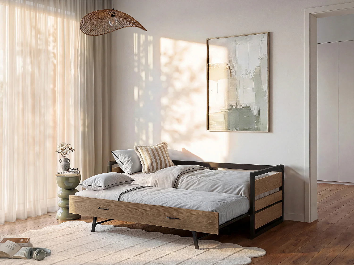 Łóżko wysuwane w industrialnym stylu BOSTON - 2 x 90 x 190 cm - MDF, sosna i metal Kolor: Orzech i antracyt