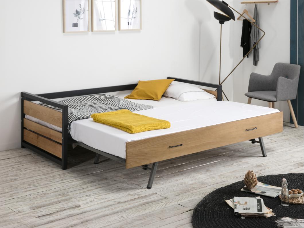 Lit gigogne industriel BOSTON - 2 x 90 x 190 cm - MDF, Pin et métal - Coloris : Noyer et anthracite