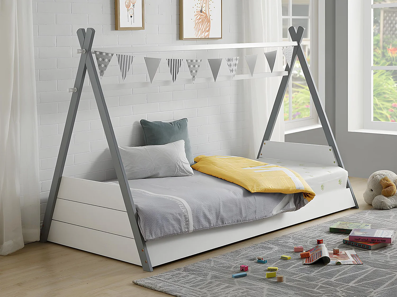 Lit tipi 90 x 190 cm - Pin - Coloris : Blanc et gris - SIOUX