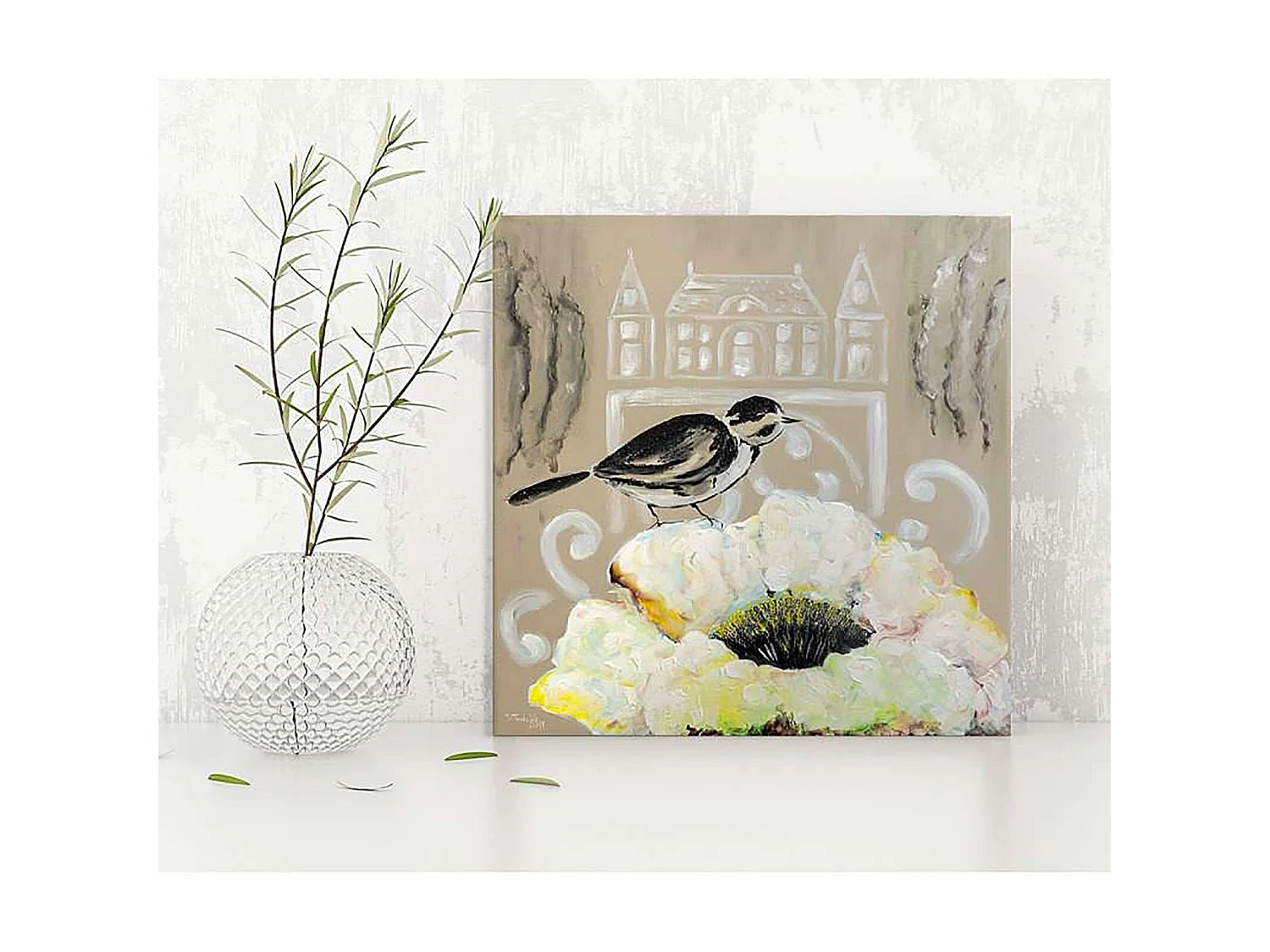 Tableau fleur blanche et oiseau noir - 20 x 20 cm