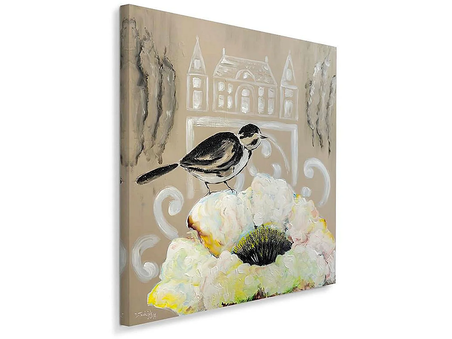 Tableau fleur blanche et oiseau noir - 20 x 20 cm