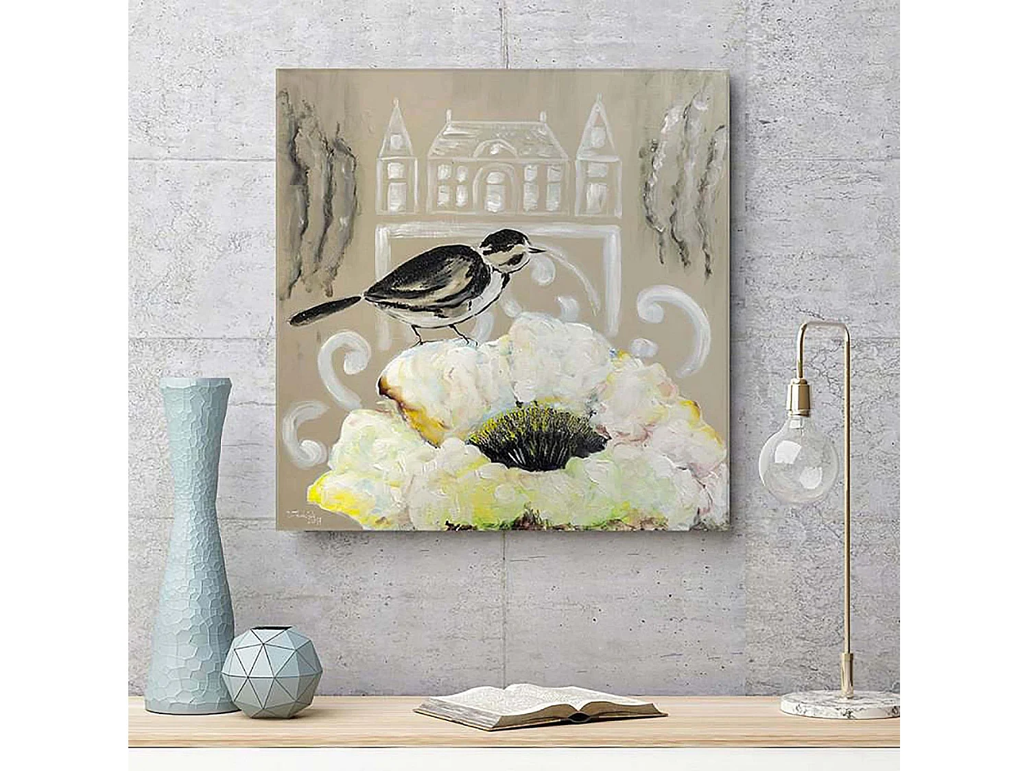 Tableau fleur blanche et oiseau noir - 20 x 20 cm