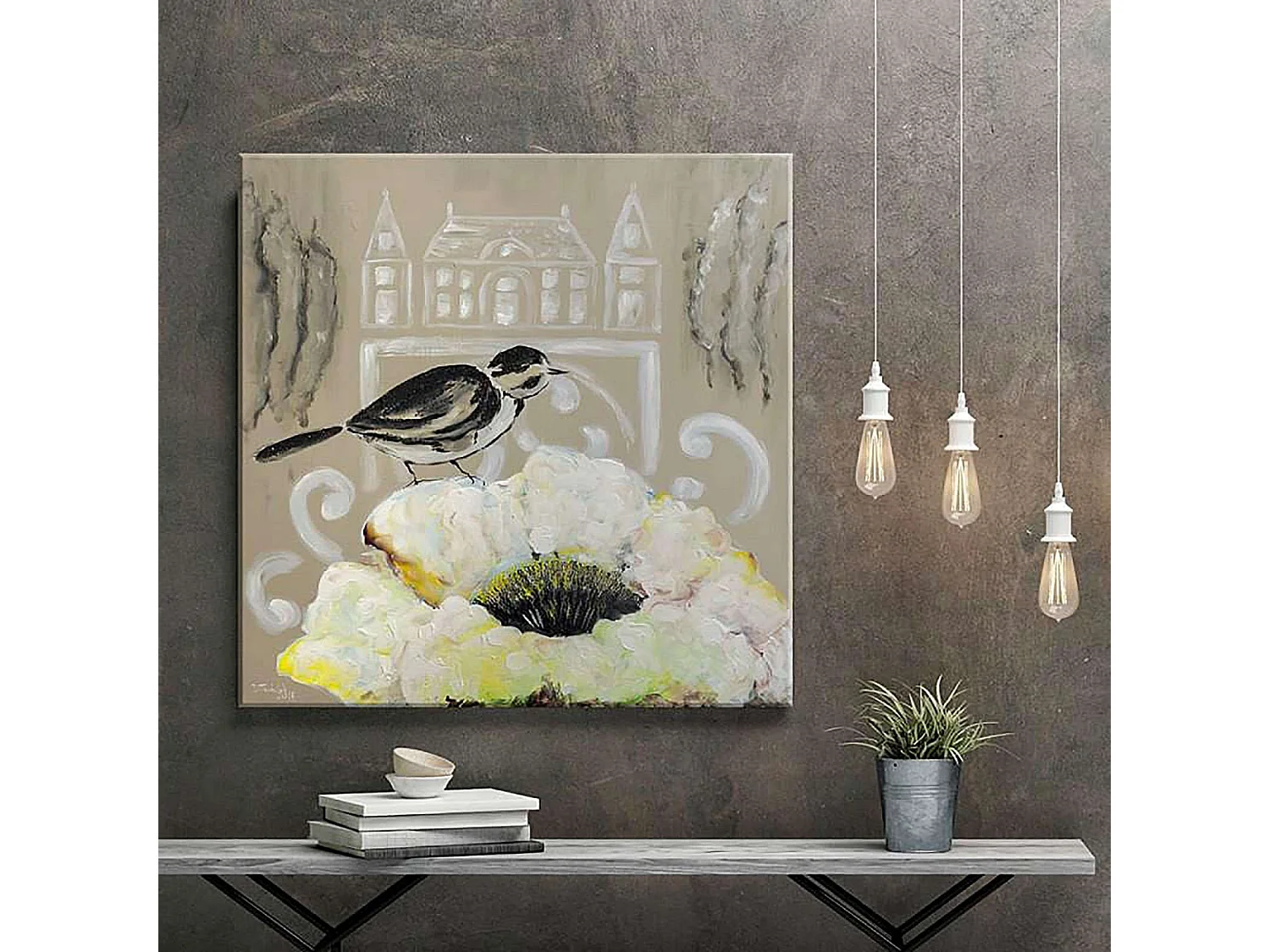 Tableau fleur blanche et oiseau noir - 20 x 20 cm