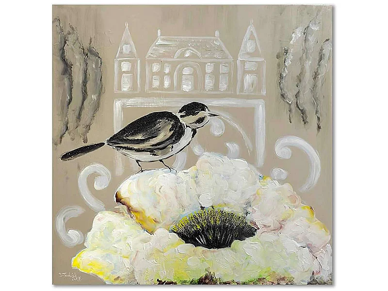 Tableau fleur blanche et oiseau noir - 20 x 20 cm