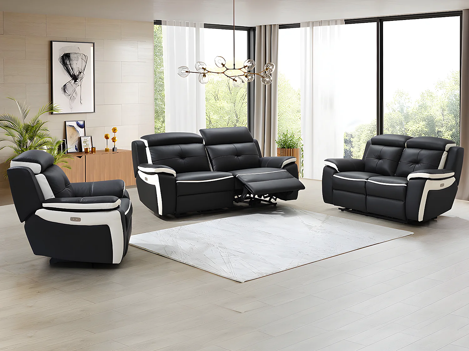 Canapés 3 places 2 places et un fauteuil relax électrique en cuir ANGELIQUE - Noir/blanc