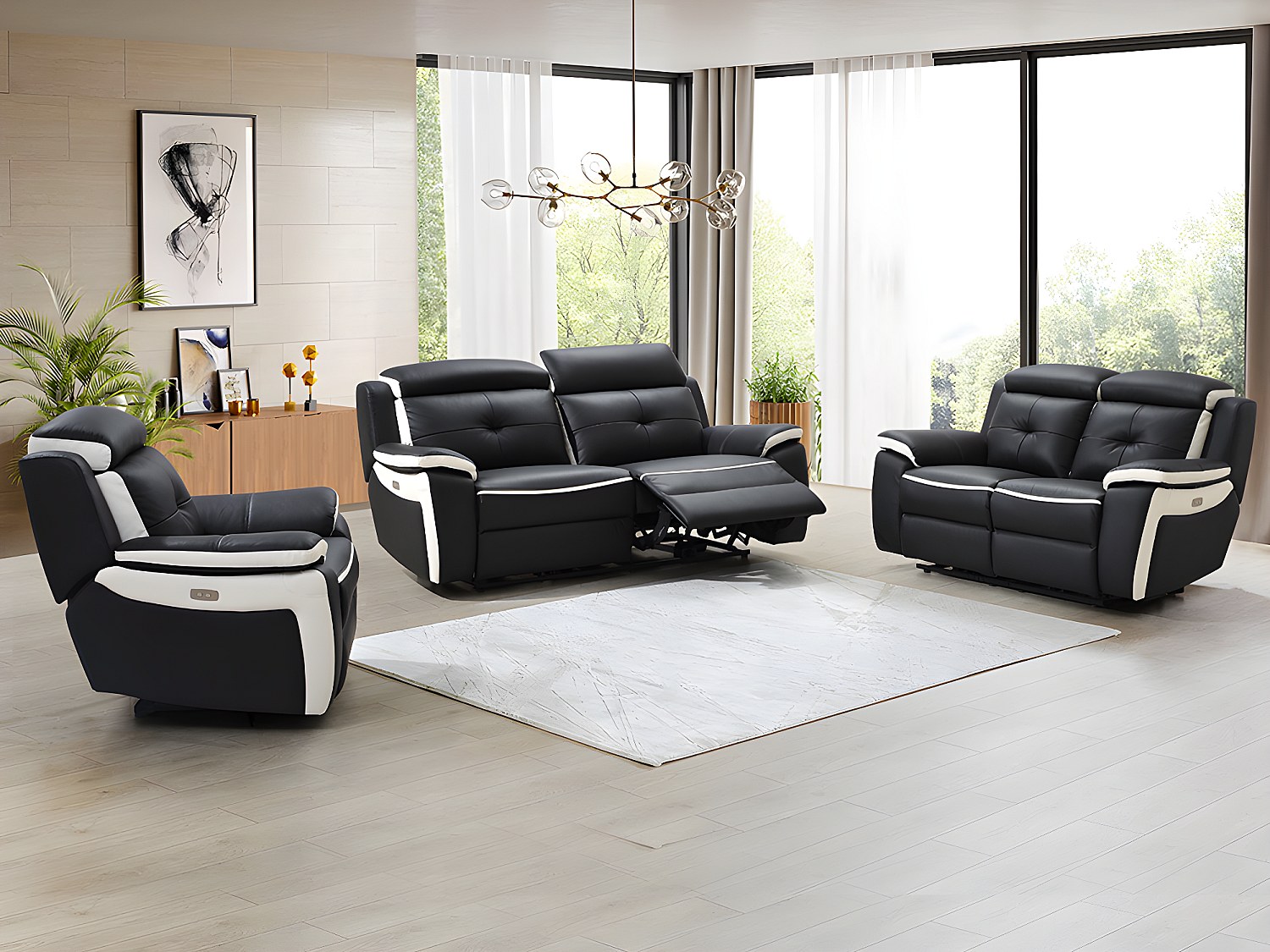 Vente-unique Relaxsofagarnitur Leder Elektrisch +1 - Schwarz & Weiß - Angelique