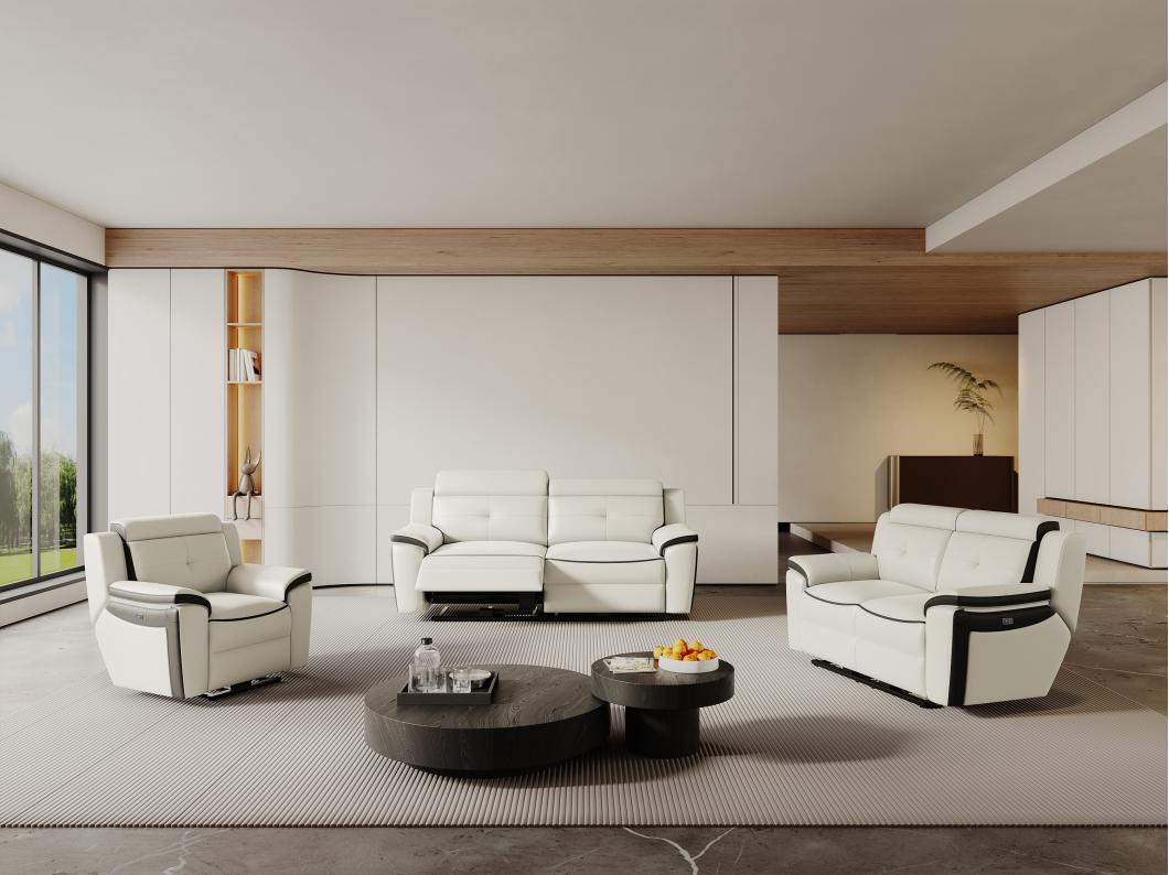 Canapés 3 places 2 places et un fauteuil relax électrique en cuir ANGELIQUE - Blanc/anthracite