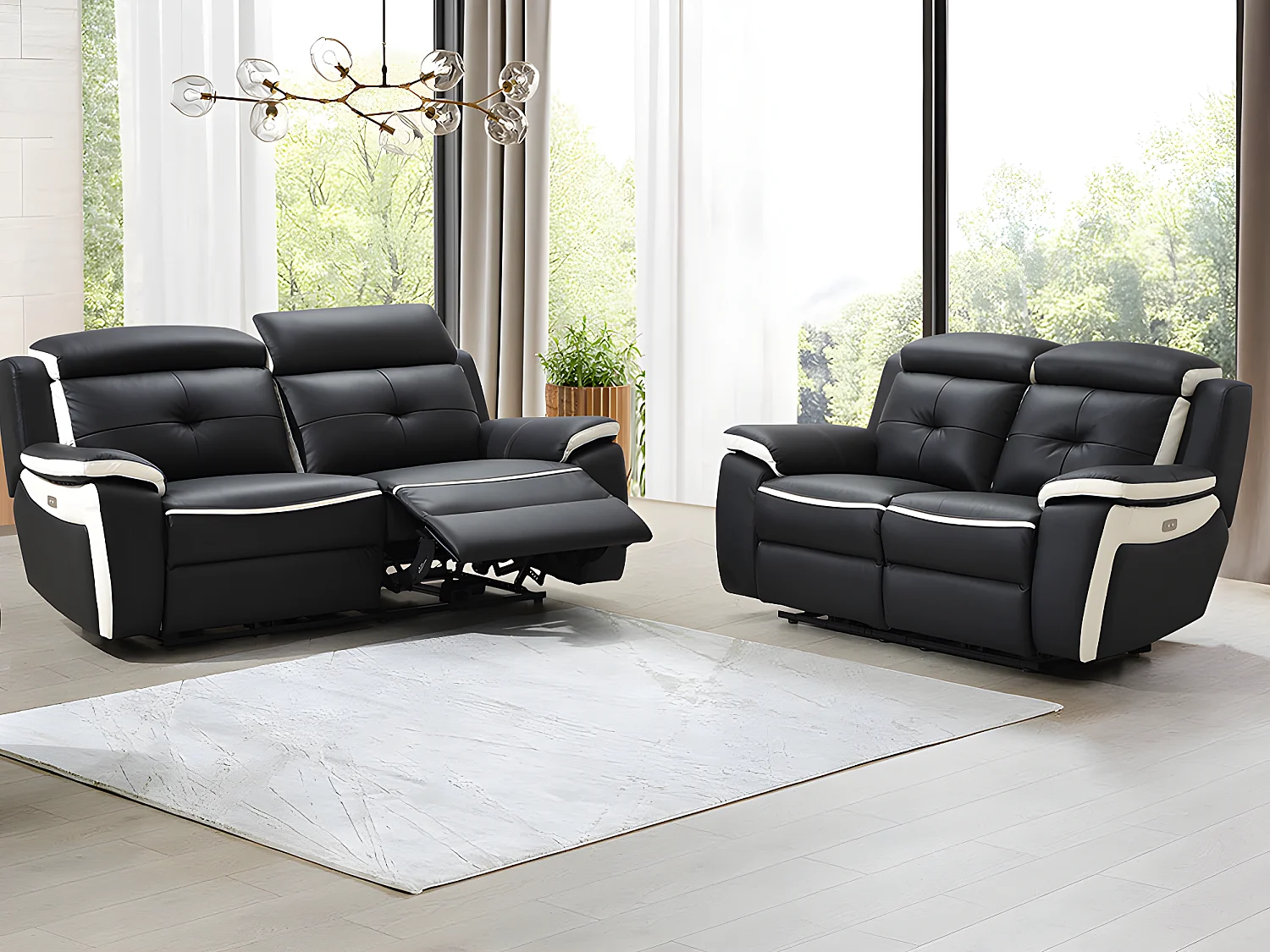 Divano 3+2 posti relax elettrico in pelle Nero e bianco - ANGELIQUE
