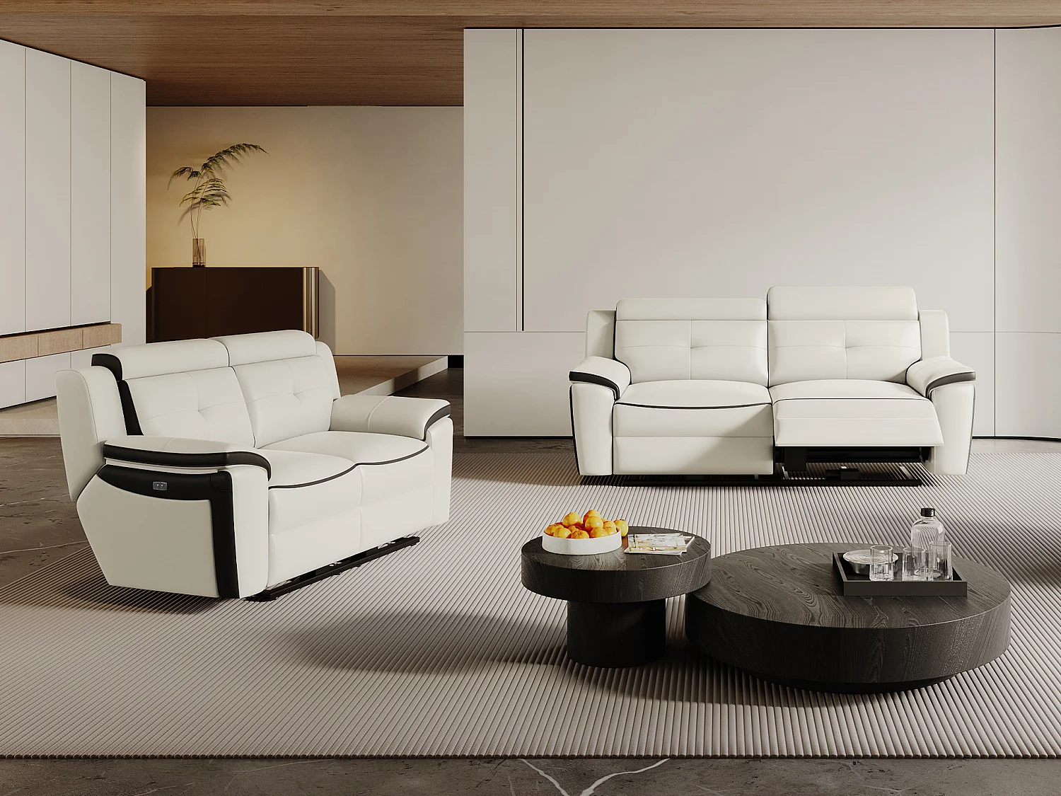 Canapés 3 places et 2 places relax électrique en cuir ANGELIQUE - Blanc/anthracite