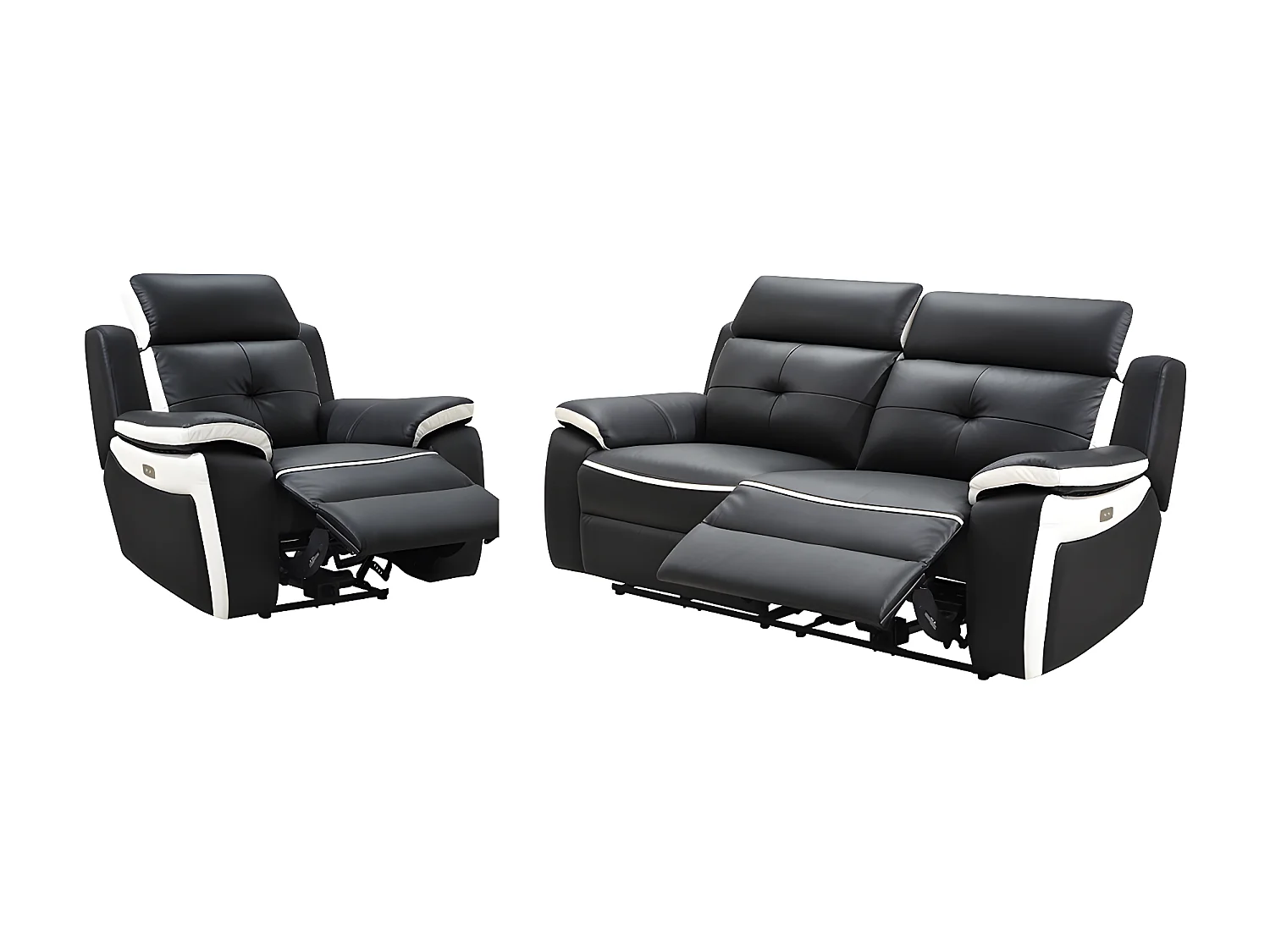 Elektrische driezits relaxbank en -fauteuil van leer ANGELIQUE - Zwart/wit