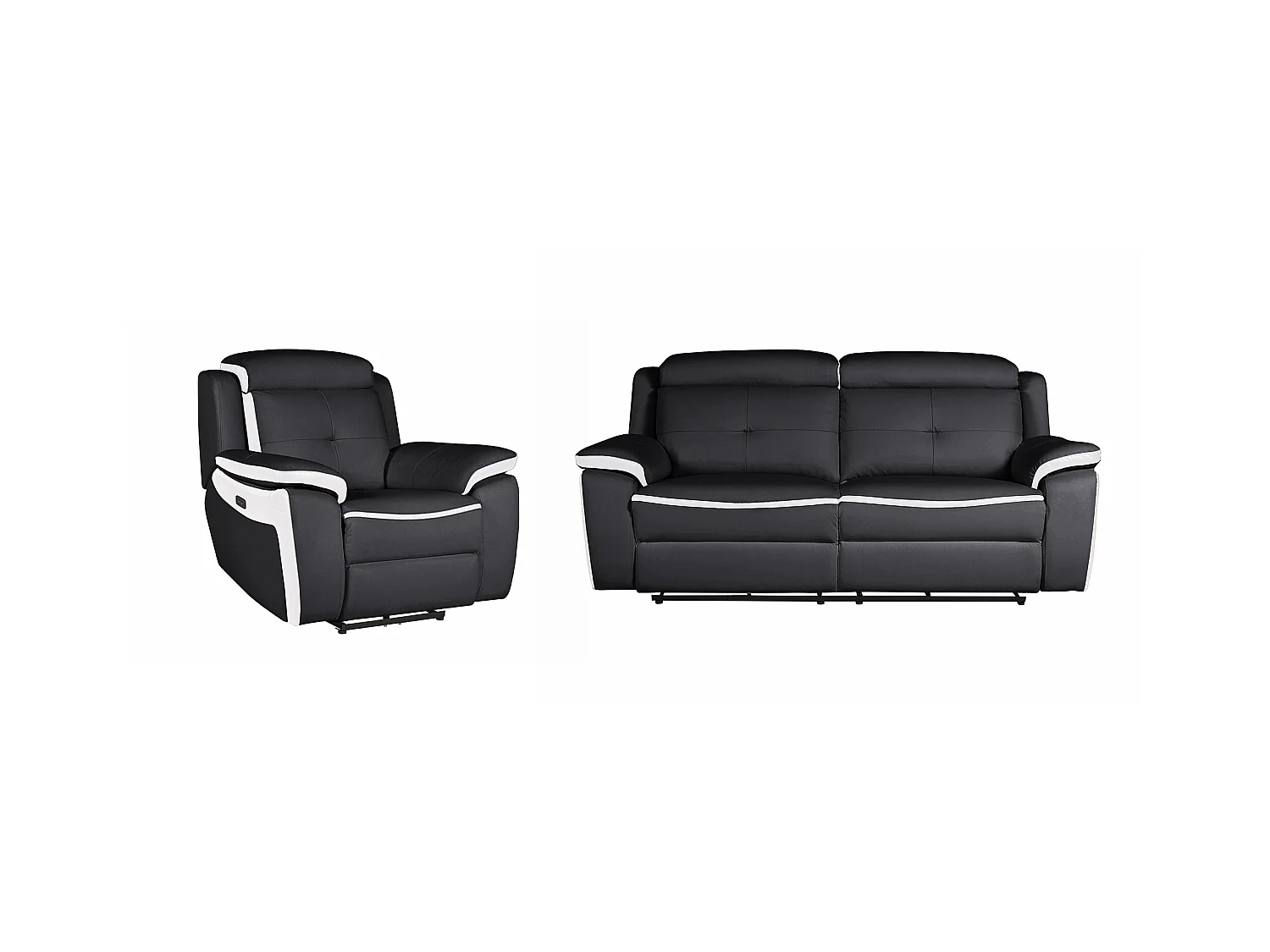 Elektrische driezits relaxbank en -fauteuil van leer ANGELIQUE - Zwart/wit