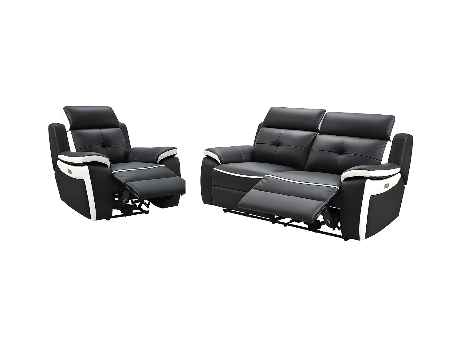 Elektrische driezits relaxbank en -fauteuil van leer ANGELIQUE - Zwart/wit