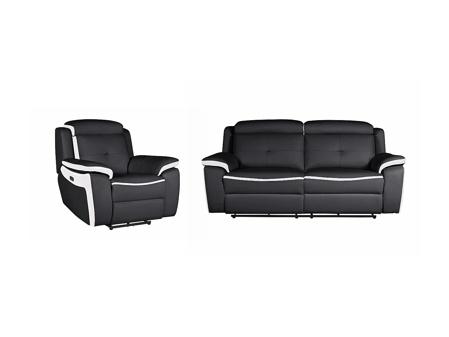 Canapé 3 places et un fauteuil relax électrique en cuir ANGELIQUE - Noir/blanc