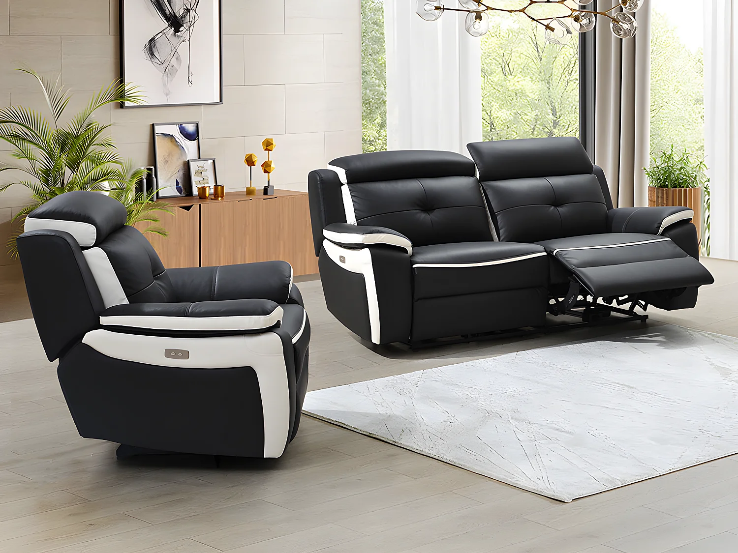 Canapé 3 places et un fauteuil relax électrique en cuir ANGELIQUE - Noir/blanc