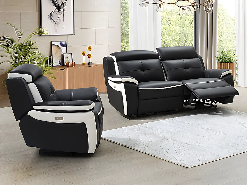 Canapé 3 places et un fauteuil relax électrique en cuir ANGELIQUE - Noir/blanc