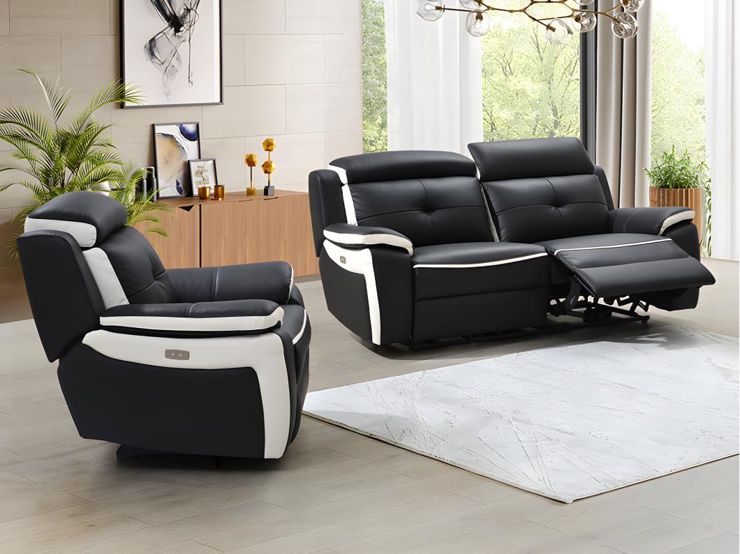 Canapé 3 places et un fauteuil relax électrique en cuir ANGELIQUE - Noir/blanc