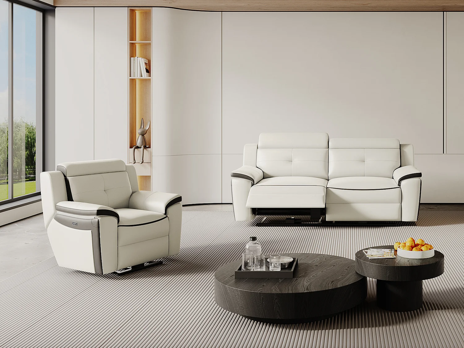 Canapé 3 places et un fauteuil relax électrique en cuir ANGELIQUE - Blanc/anthracite