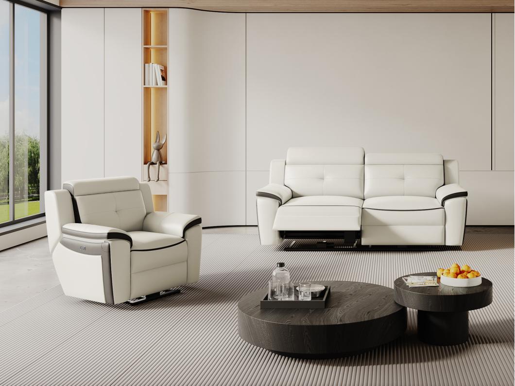 Canapé 3 places et un fauteuil relax électrique en cuir ANGELIQUE - Blanc/anthracite