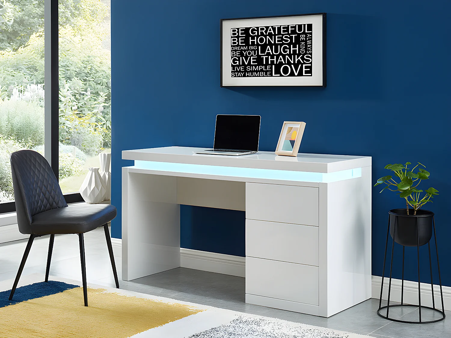Bureau EMERSON - 3 tiroirs - MDF laqué blanc - LEDs
