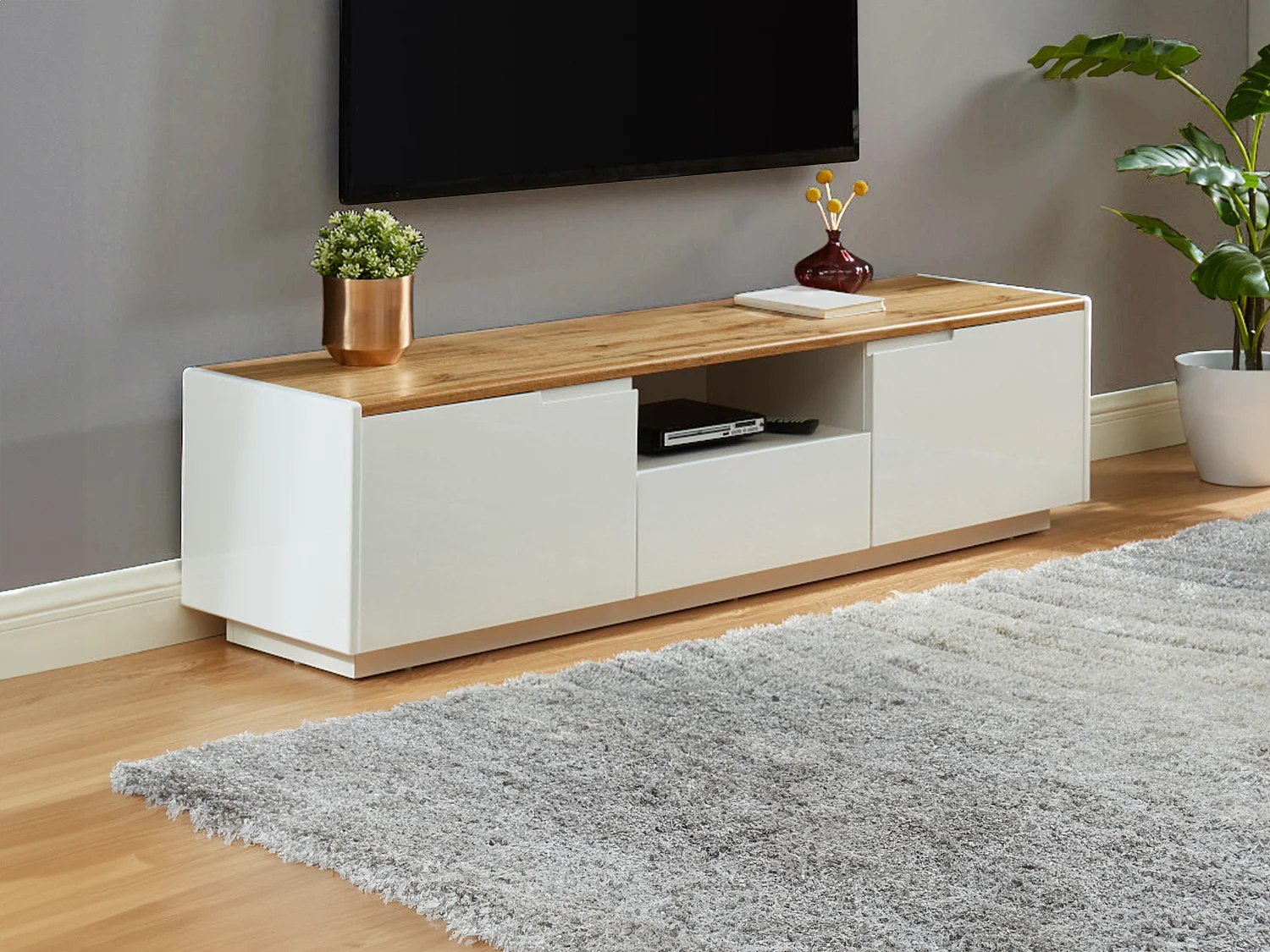 Mueble TV AMANI - 2 puertas y 1 cajón - MDF lacado blanco - Color: blanco y roble