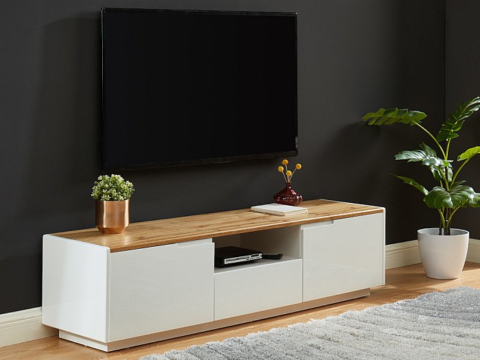 Vente-unique - Meuble TV Amani avec 2 Portes et 1 tiroir – MDF Blanc laqué et chêne Naturel, Design Moderne et élégant, Grand Espace de Rangement pour Salon Contemporain, Finition de qualité Vente-unique - Meuble TV Amani avec 2 Portes et 1 tiroir – MDF Blanc laqué et chêne Naturel, Design Moderne et élégant, Grand Espace de Rangement pour Salon Contemporain, Finition de qualité