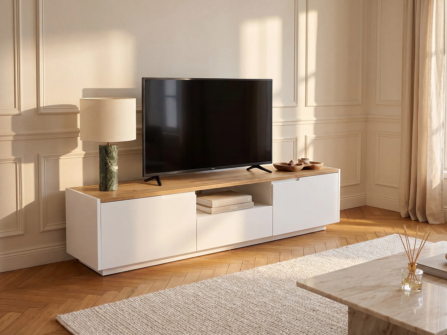 Meuble TV AMANI - 2 portes & 1 tiroir - MDF - Coloris: Blanc laqué et chêne