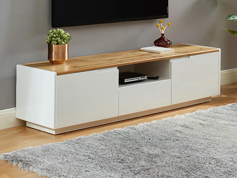 Tv-meubel AMANI - 2 deuren en 1 lade - Witgelakt mdf - Kleuren: wit en eiken